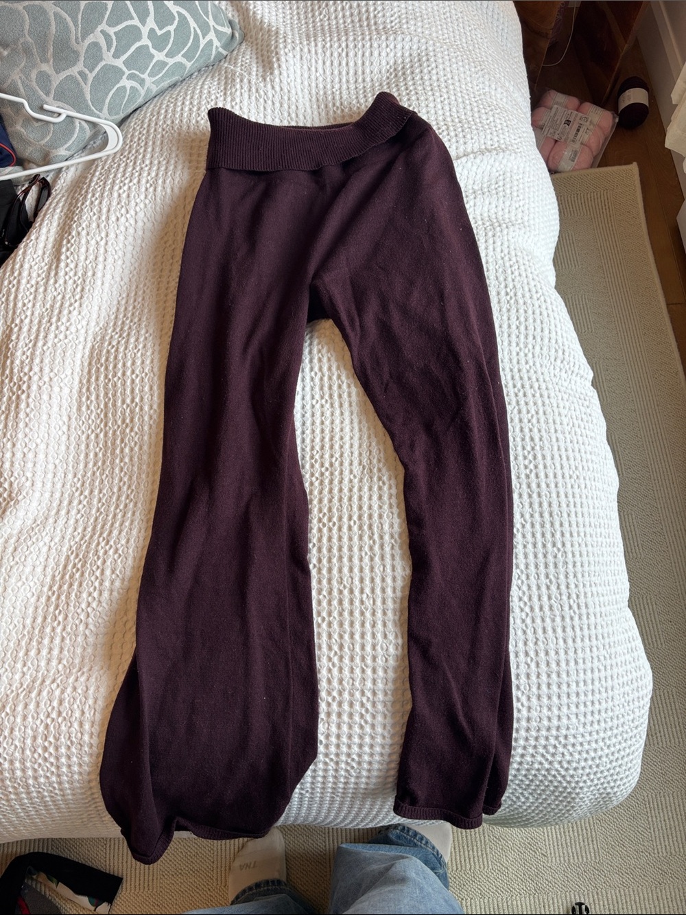 Foldover waist Knit Flare Pants and off the shoulder top lounge set Deep Plum - Picture 1 of 3